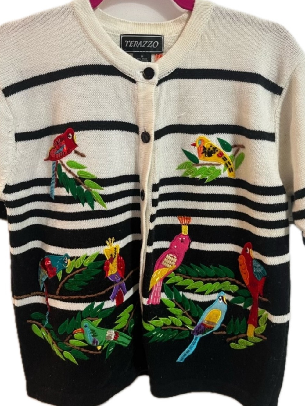 TERAZZO Vintage estate parrot beads Pearl sequin bird cockatiel cardigan sweater